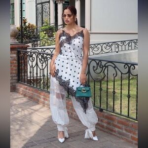 Nwt satin Black and White Polka Dot Lace  trim tunic top Dress